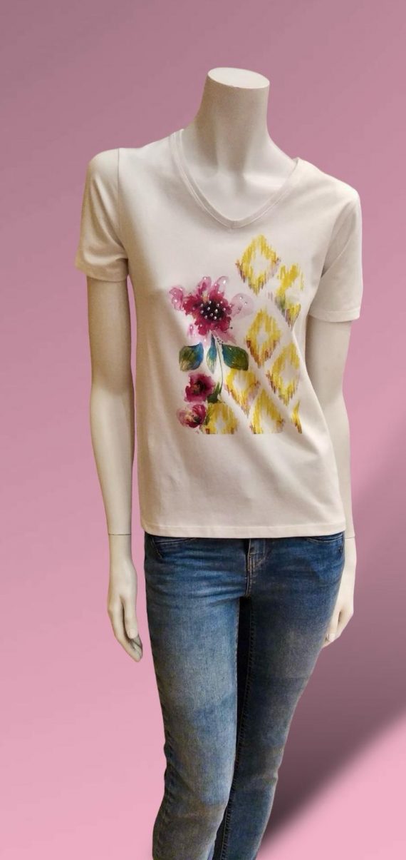 Camiseta Strass Flor Rosa